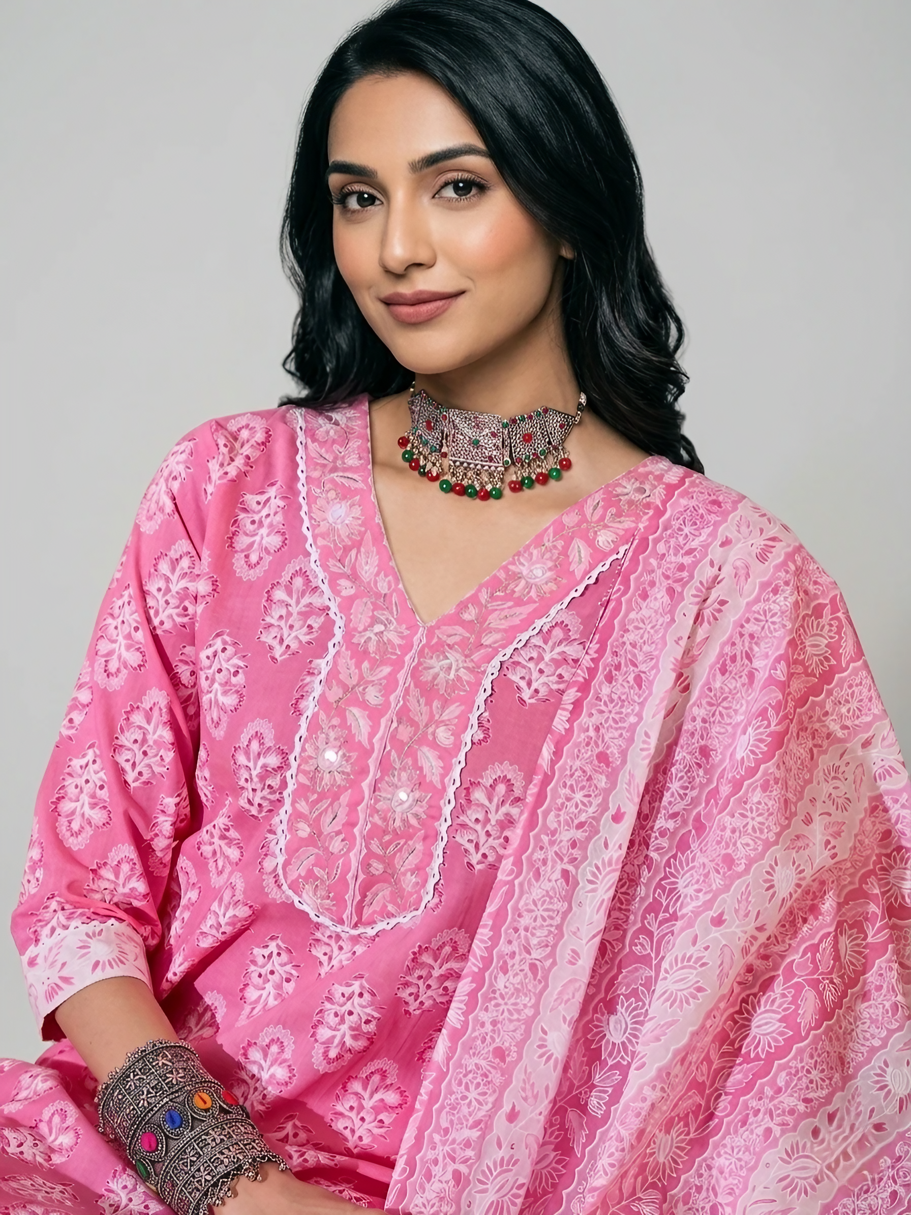 Women Pure Cotton Pink Stitched Printed Kurta set with dupatta