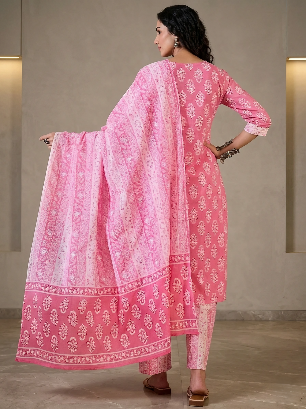 Women Pure Cotton Pink Stitched Printed Kurta set with dupatta