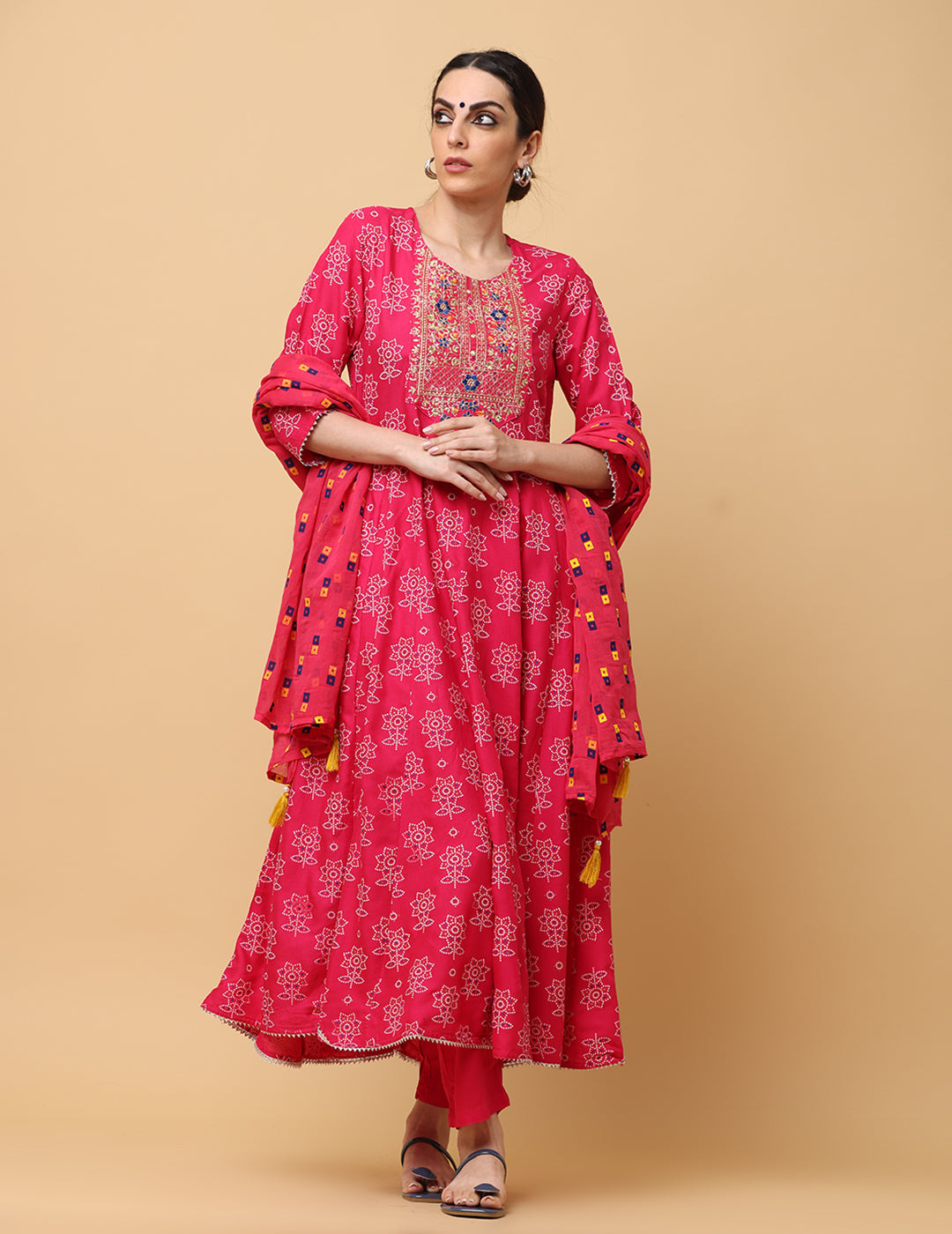 Women Light Red Rayon Printed & Embroidered Work Anarkali Kurta Bottom Dupatta Set