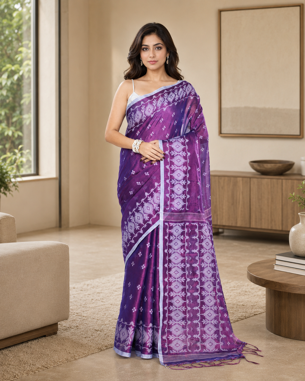 Women Tissue Purple Woven  Saree