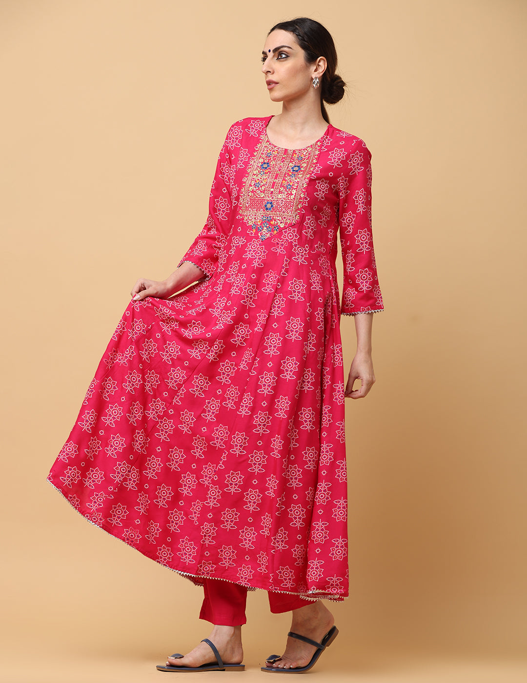 Women Light Red Rayon Printed & Embroidered Work Anarkali Kurta Bottom Dupatta Set