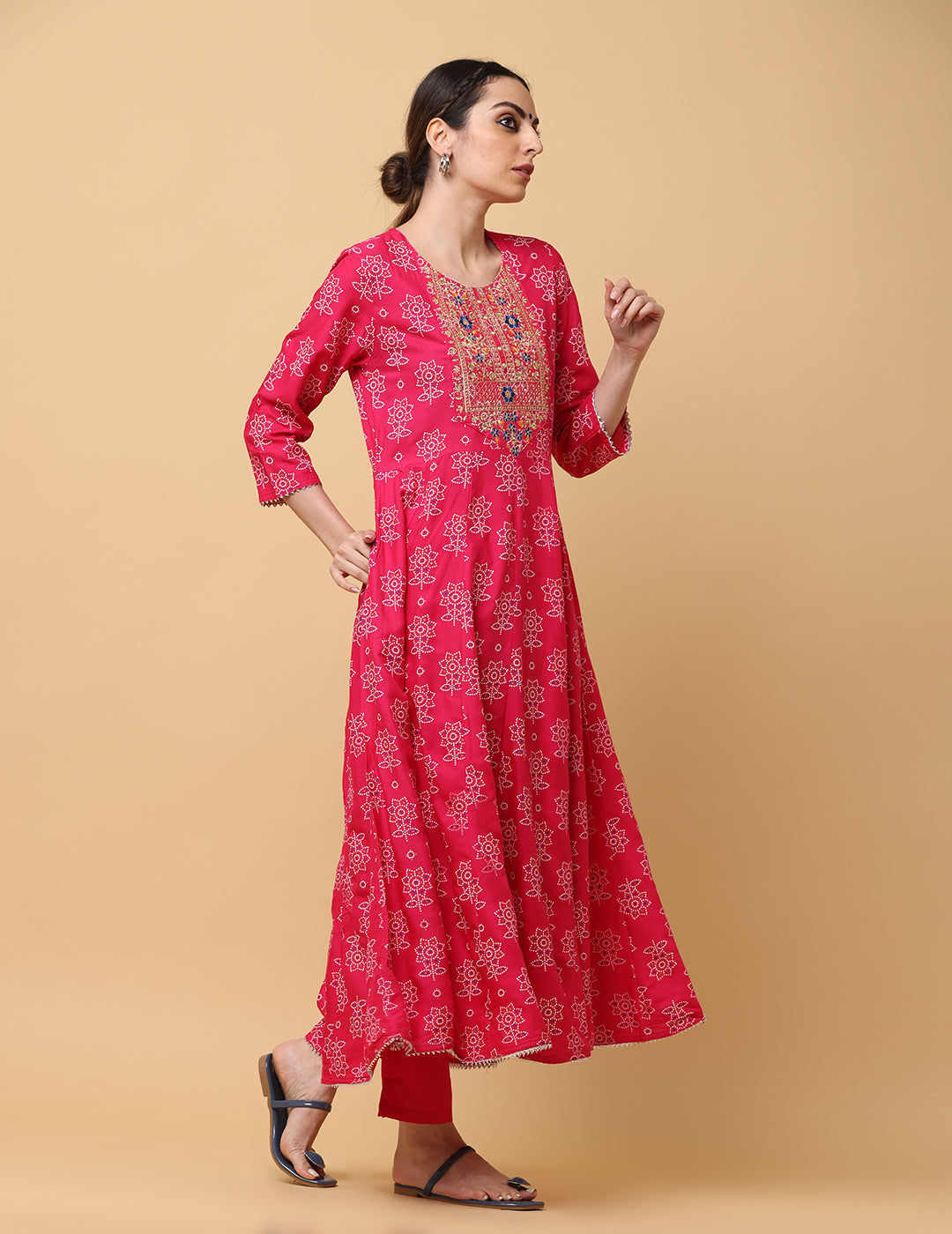 Women Light Red Rayon Printed & Embroidered Work Anarkali Kurta Bottom Dupatta Set