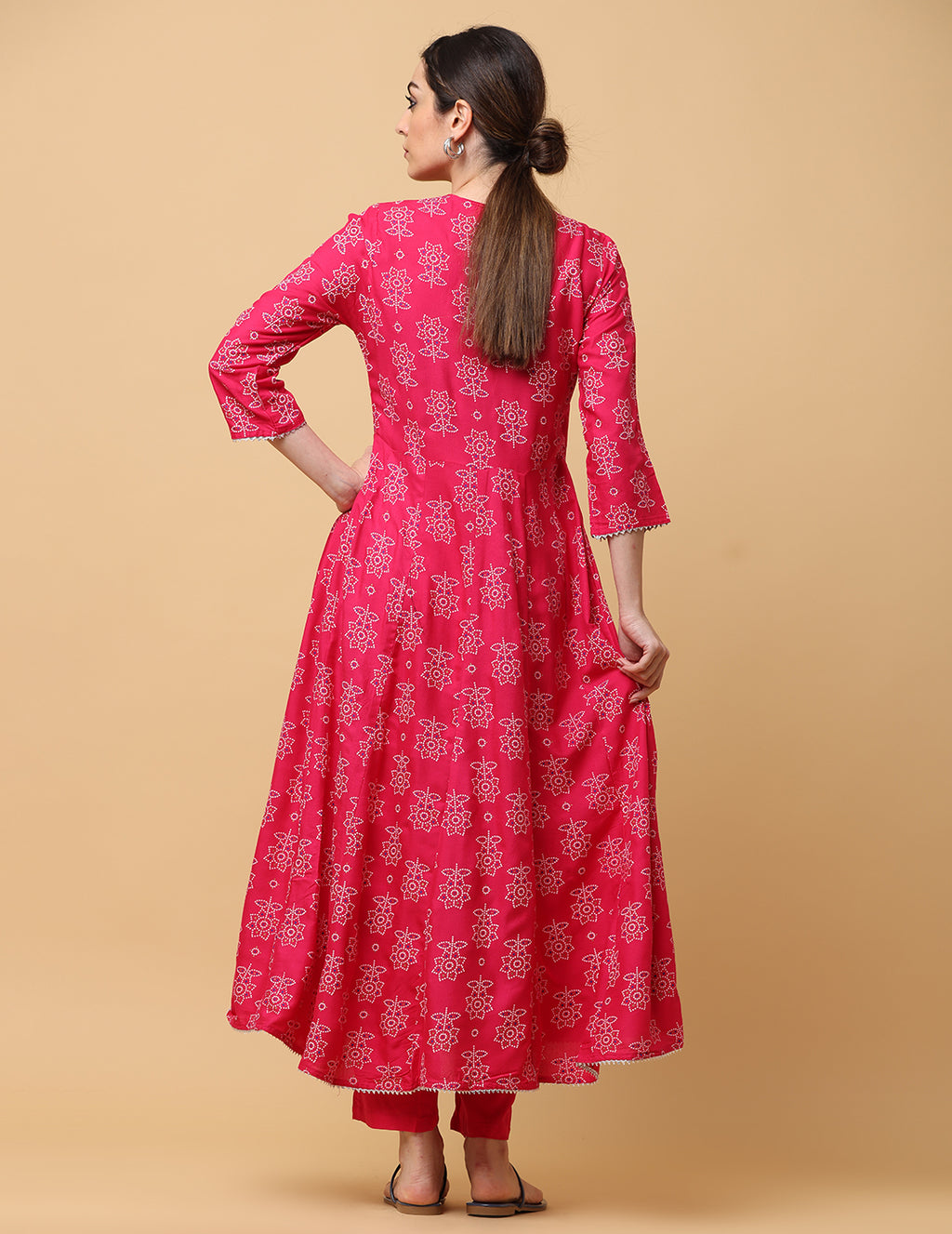 Women Light Red Rayon Printed & Embroidered Work Anarkali Kurta Bottom Dupatta Set