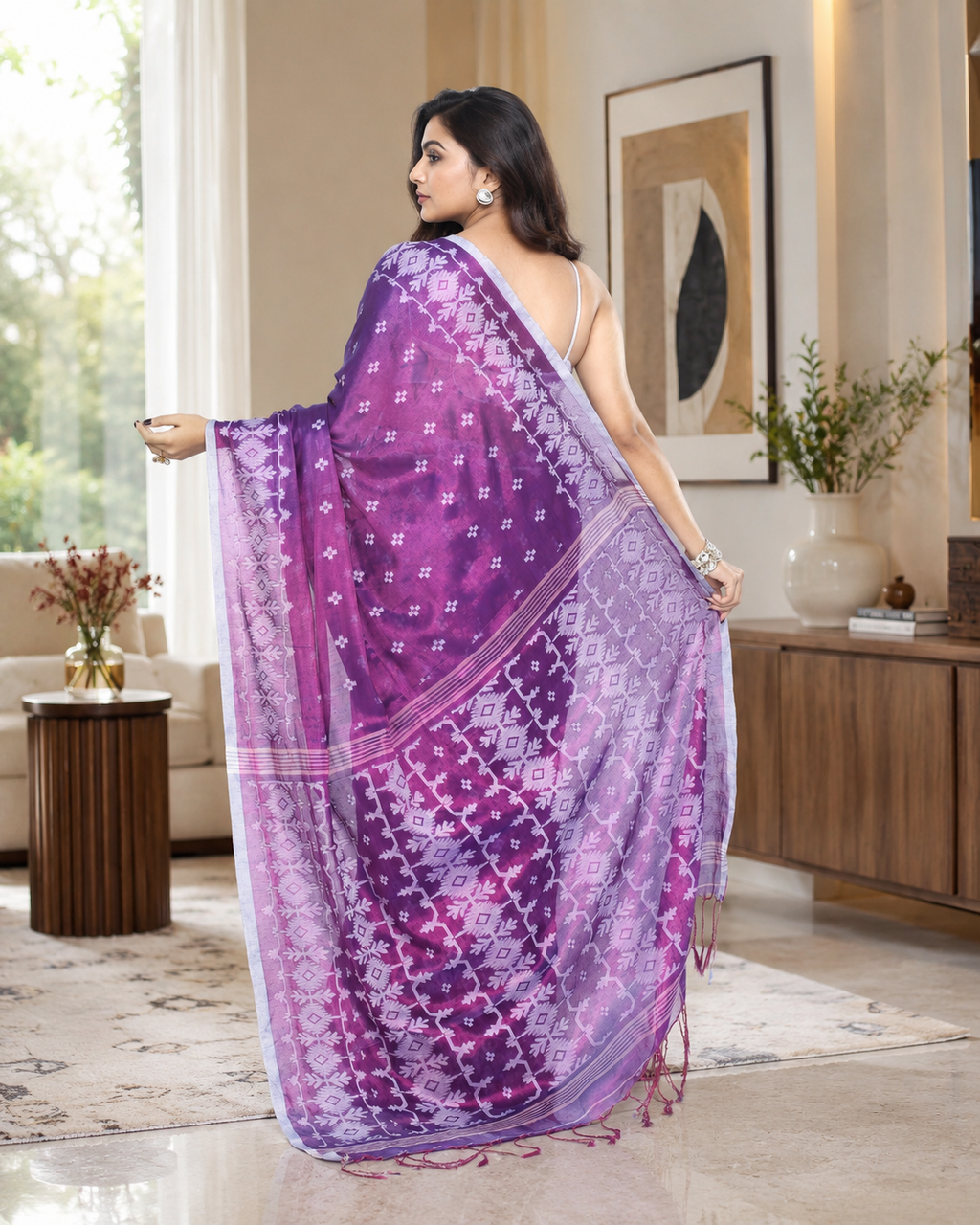 Women Tissue Purple Woven  Saree
