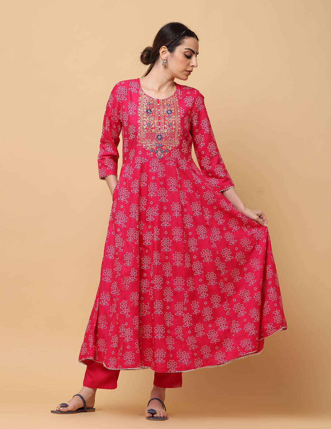 Women Light Red Rayon Printed & Embroidered Work Anarkali Kurta Bottom Dupatta Set