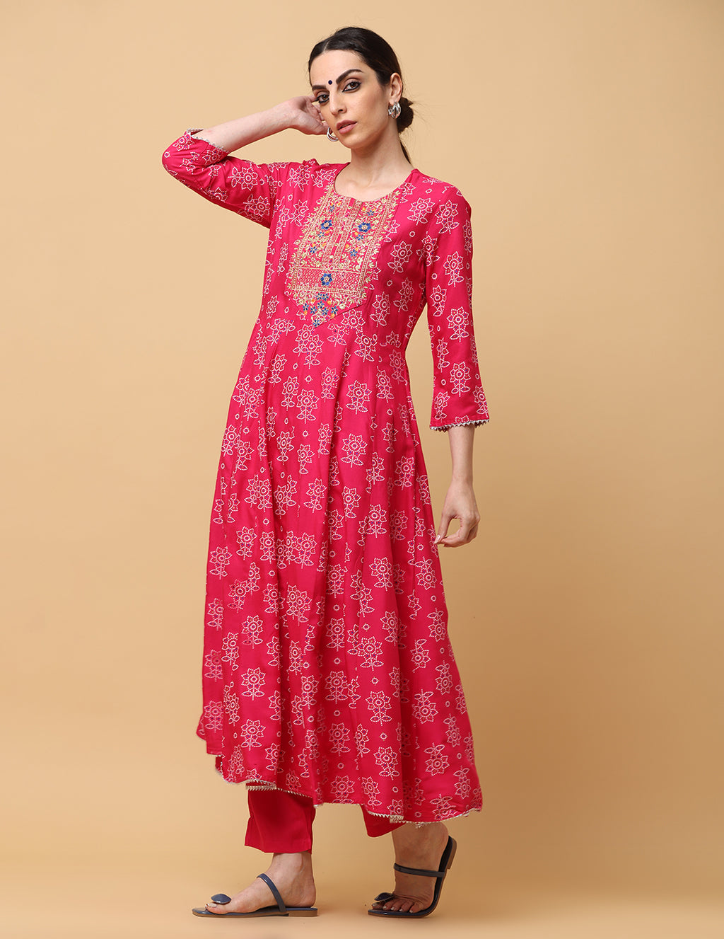 Women Light Red Rayon Printed & Embroidered Work Anarkali Kurta Bottom Dupatta Set