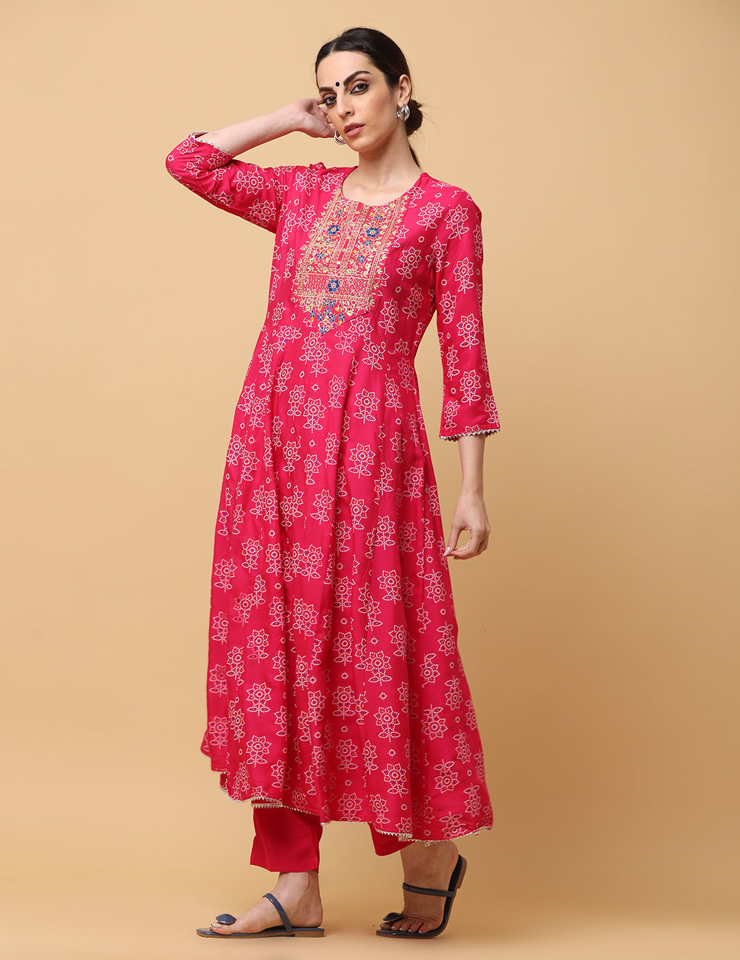 Women Light Red Rayon Printed & Embroidered Work Anarkali Kurta Bottom Dupatta Set