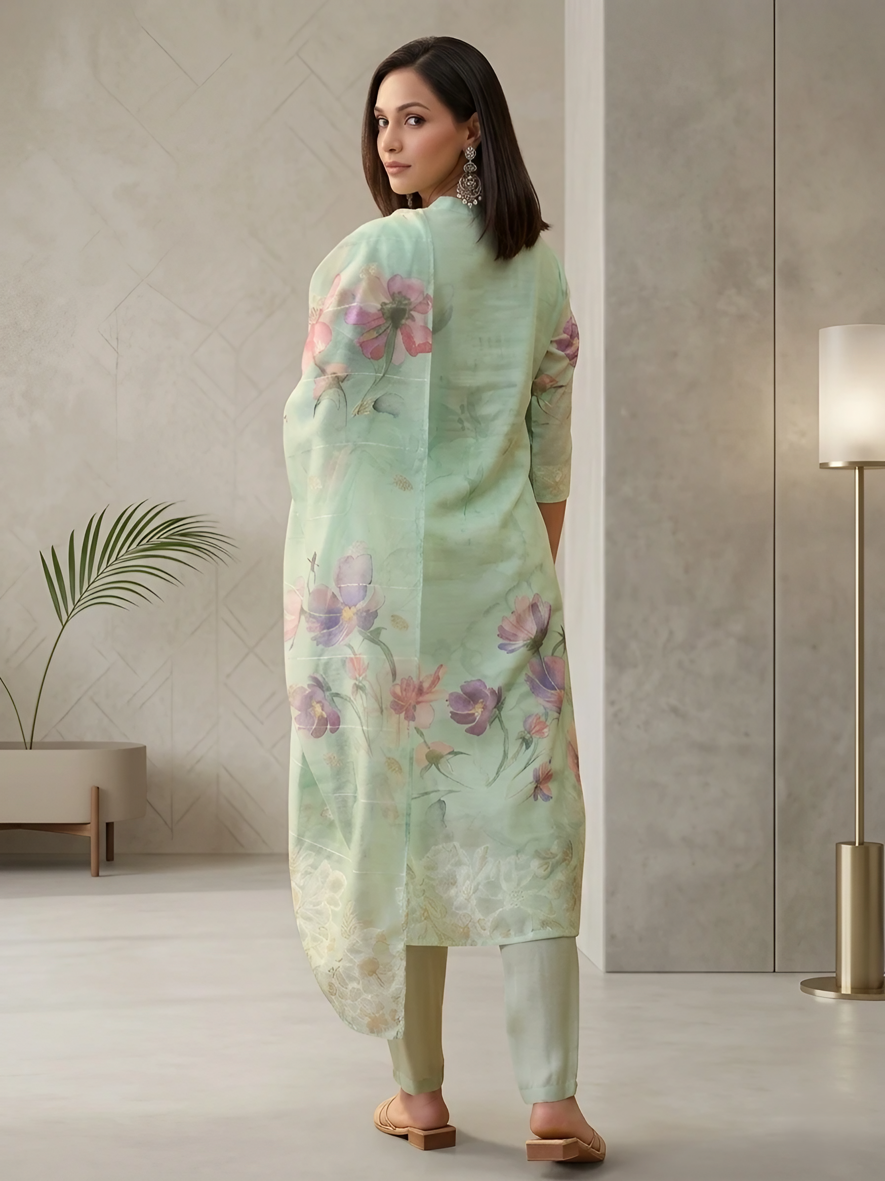 Women Chanderi Green Printed Stitched Kurta pant set