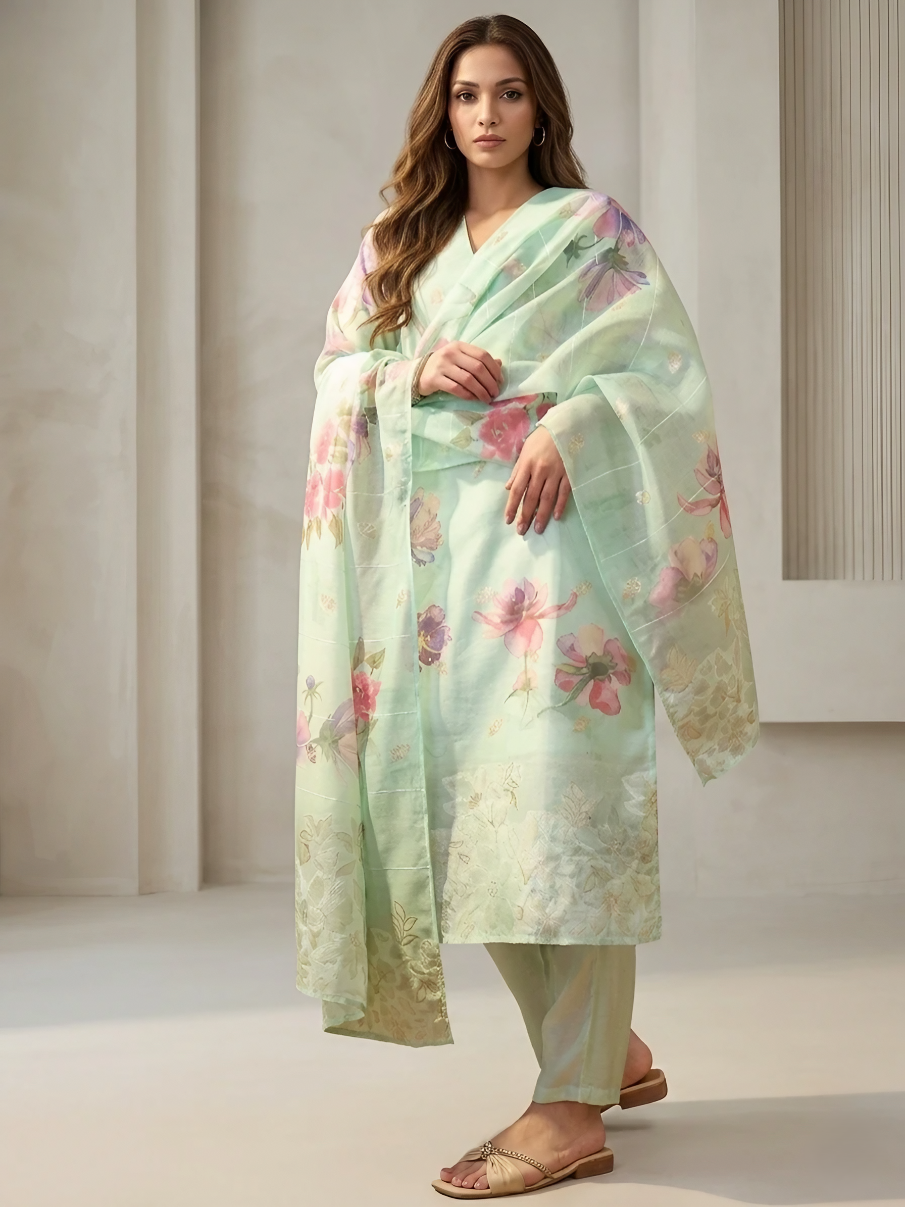 Women Chanderi Green Printed Stitched Kurta pant set
