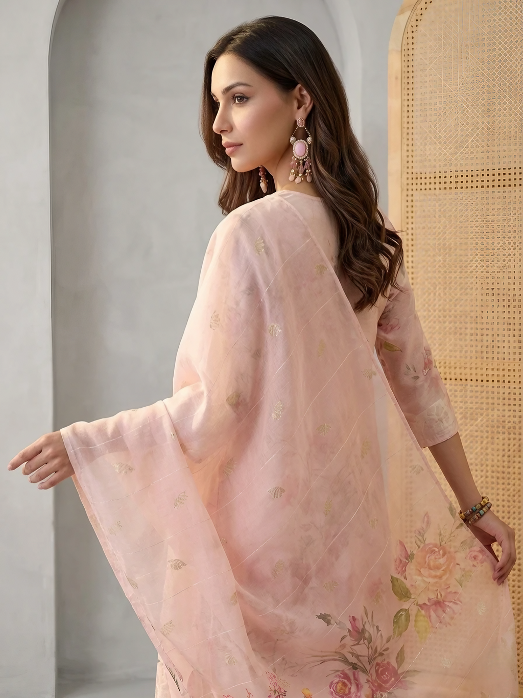 Women Chanderi Peach Printed Stitched Kurta pant set