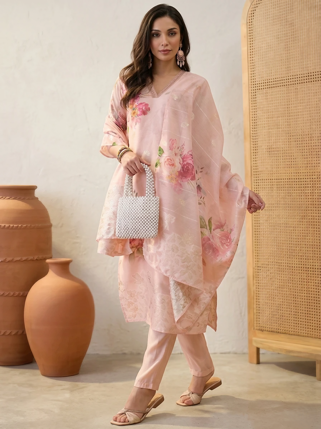 Women Chanderi Peach Printed Stitched Kurta pant set