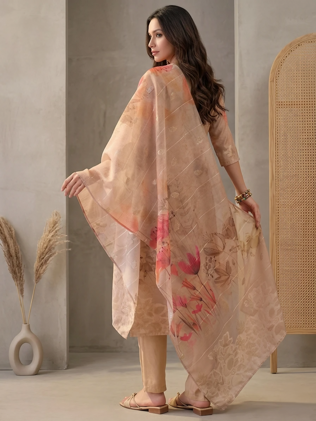Women Chanderi Beige Printed Stitched Kurta pant set