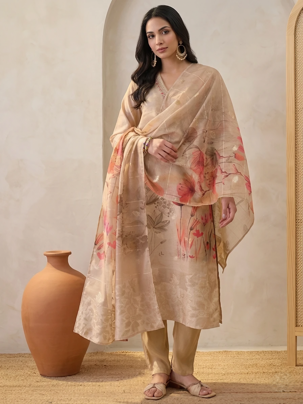 Women Chanderi Beige Printed Stitched Kurta pant set