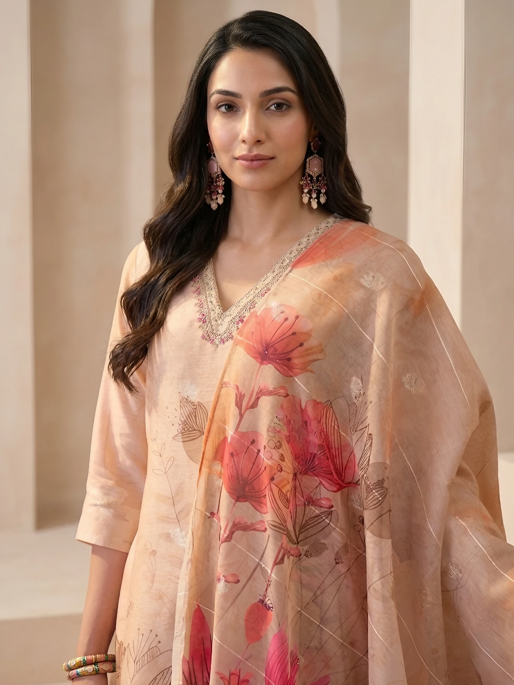 Women Chanderi Beige Printed Stitched Kurta pant set