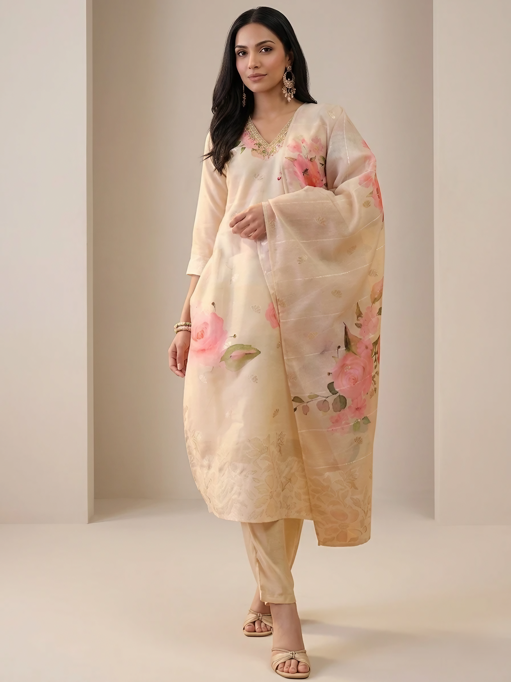 Women Chanderi Cream Printed Stitched Kurta pant set