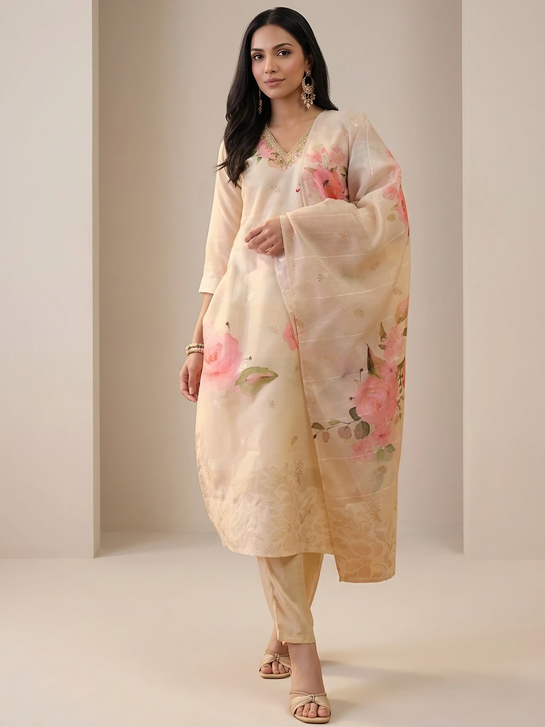 Women Chanderi Cream Printed Stitched Kurta pant set