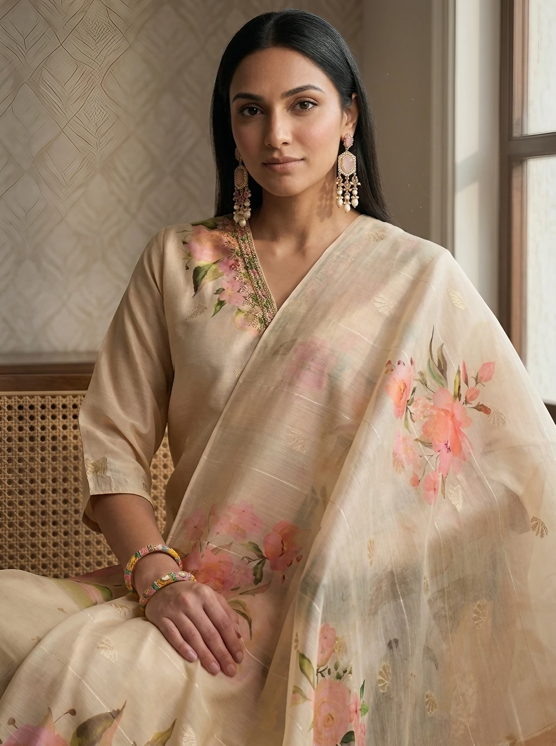 Women Chanderi Cream Printed Stitched Kurta pant set
