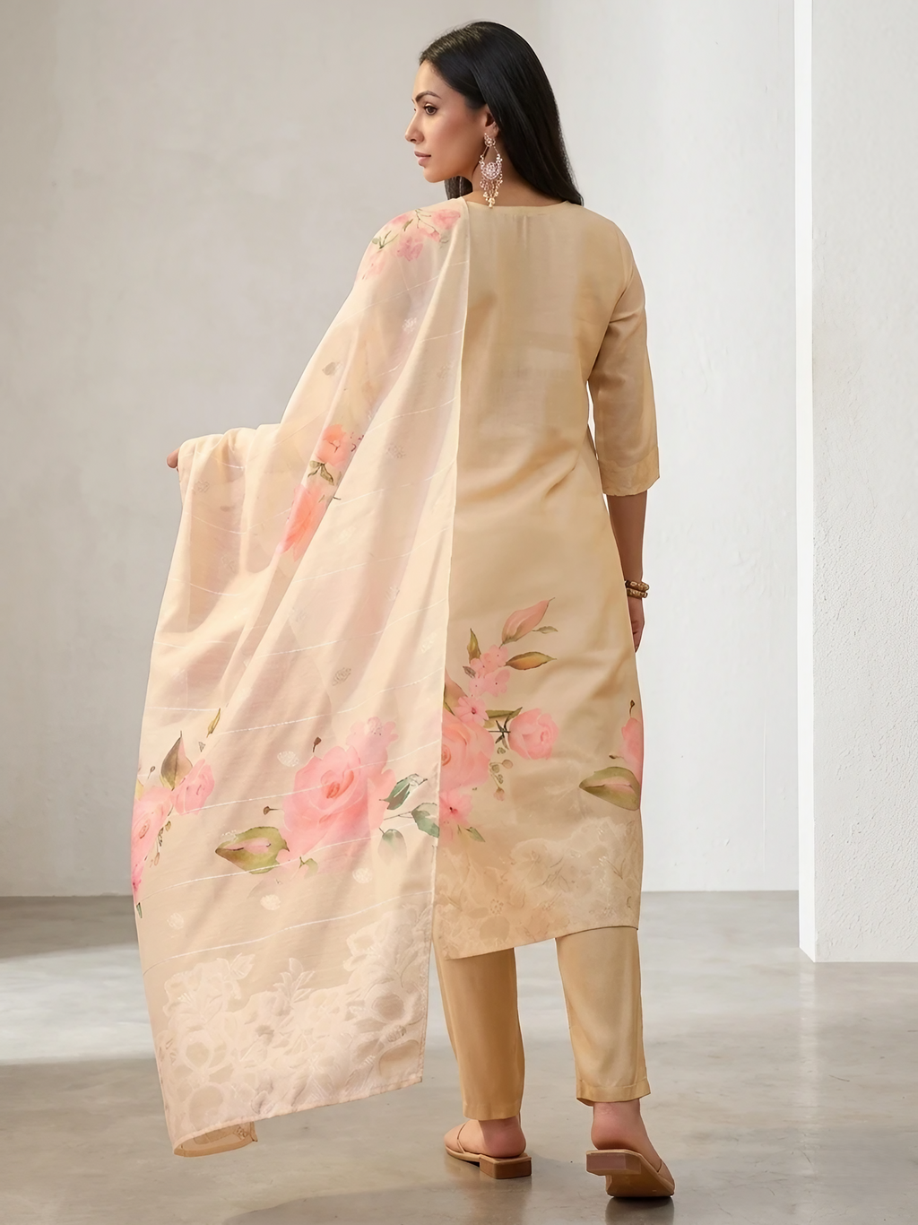Women Chanderi Cream Printed Stitched Kurta pant set