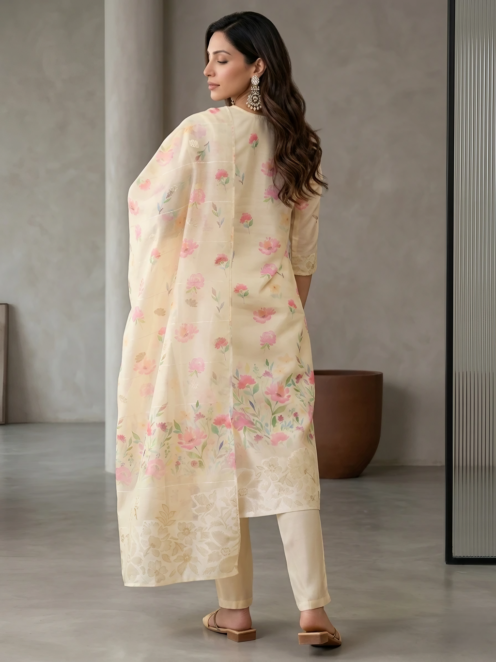 Women Chanderi Cream Printed Stitched Kurta pant set