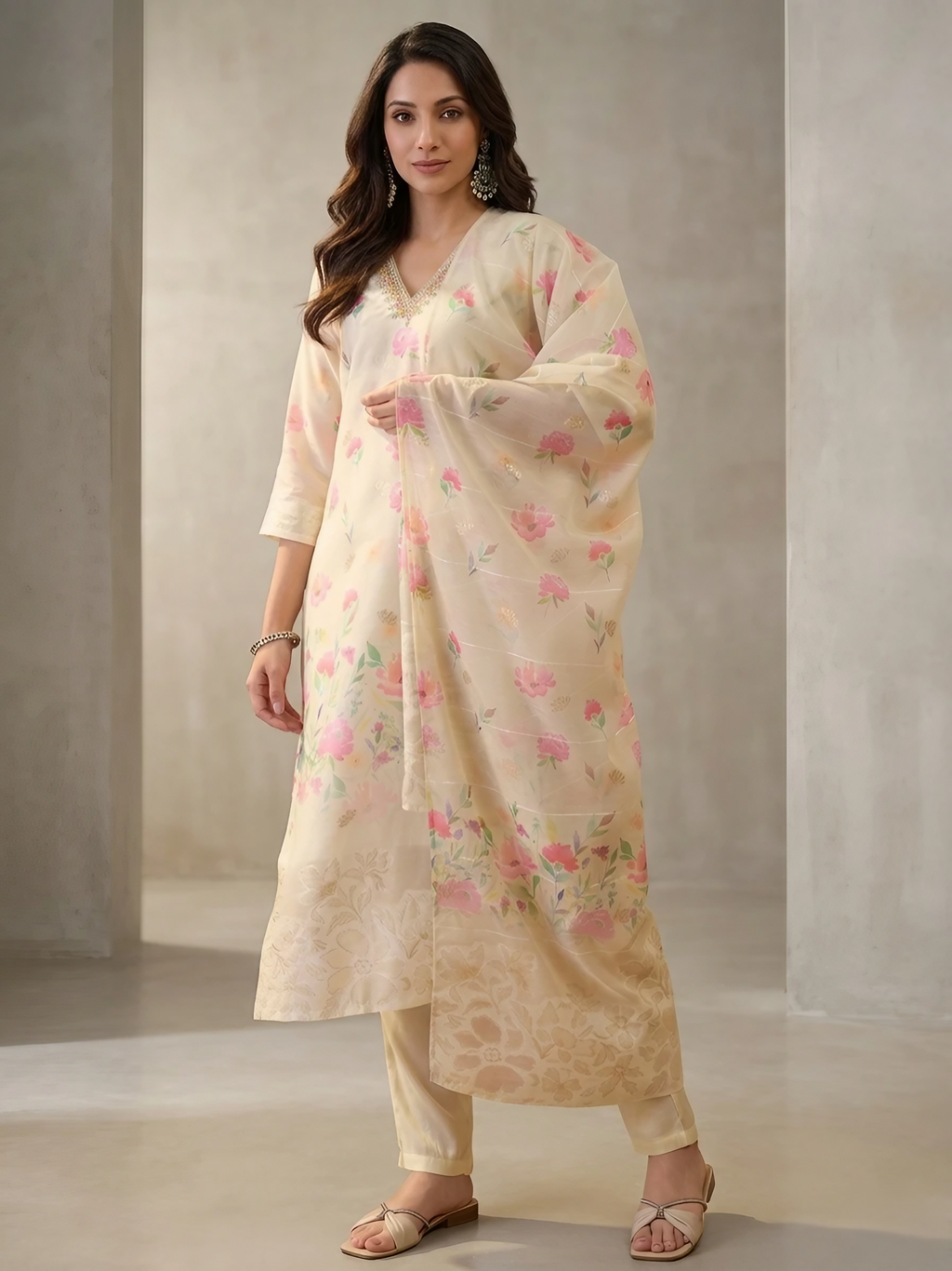 Women Chanderi Cream Printed Stitched Kurta pant set