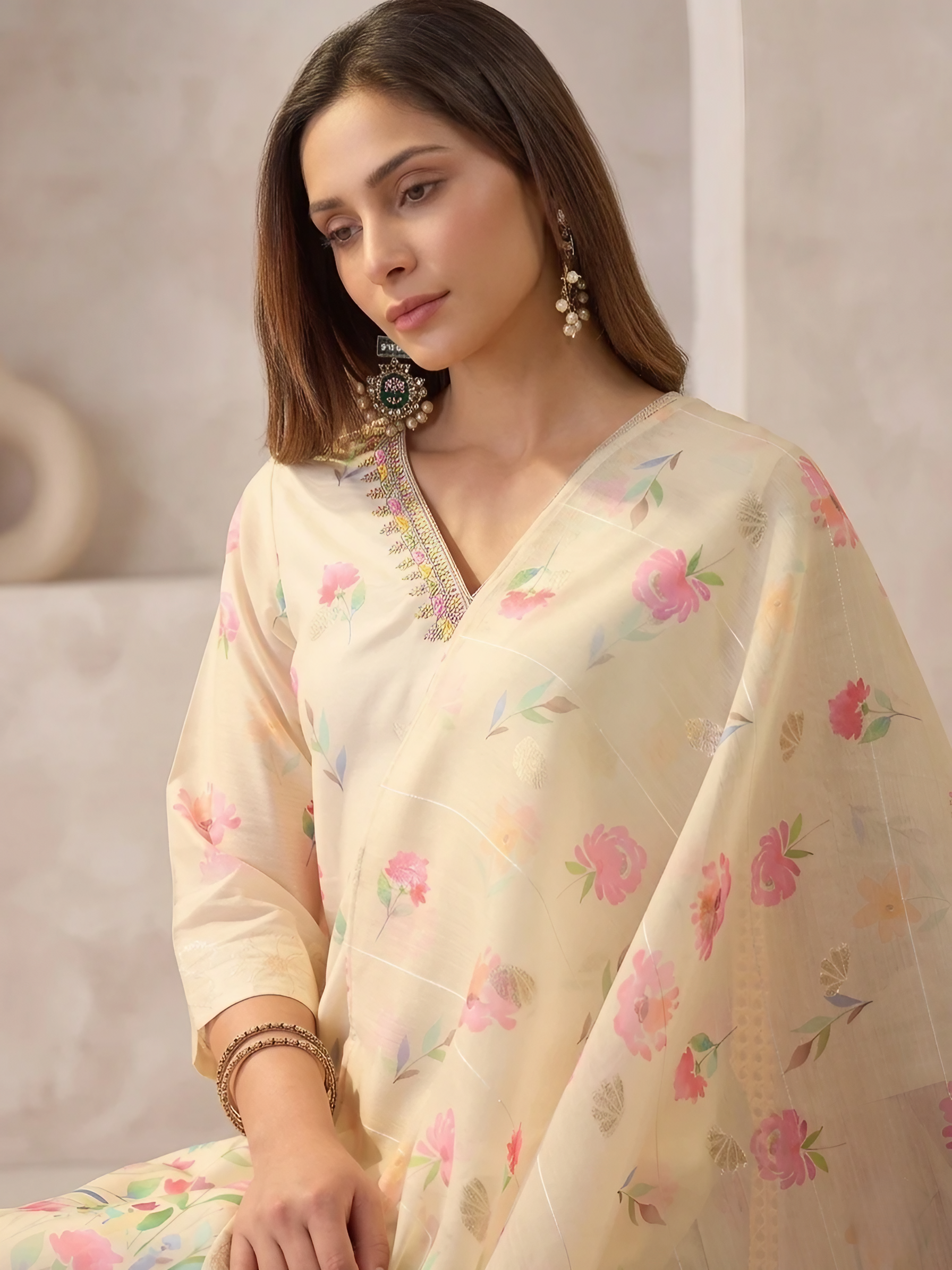Women Chanderi Cream Printed Stitched Kurta pant set