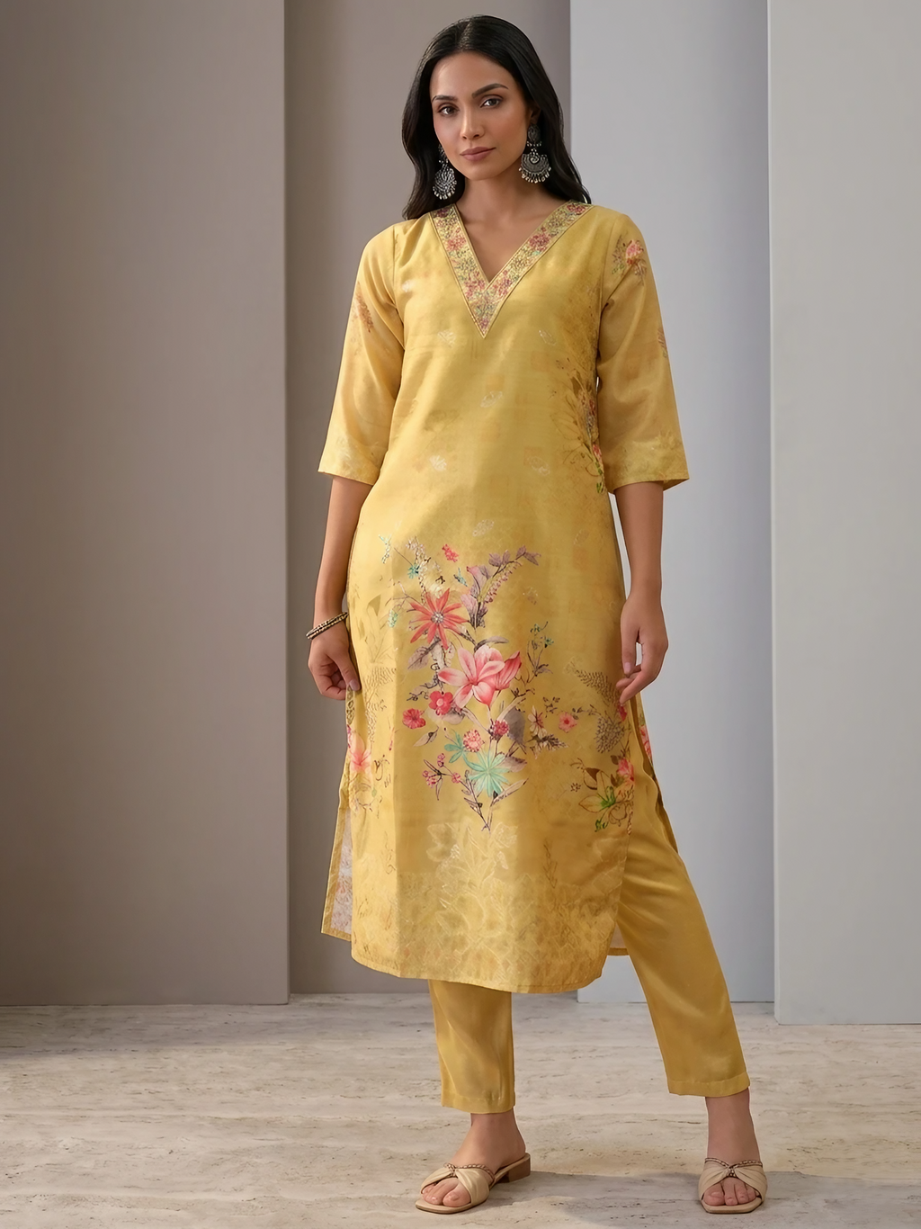 Women Chanderi Mustard Printed Stitched Kurta pant set