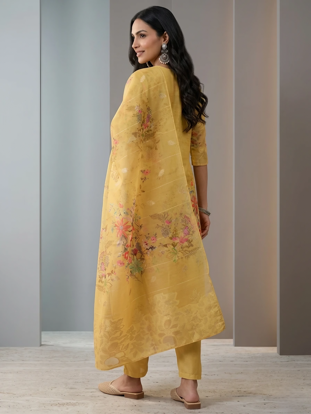 Women Chanderi Mustard Printed Stitched Kurta pant set