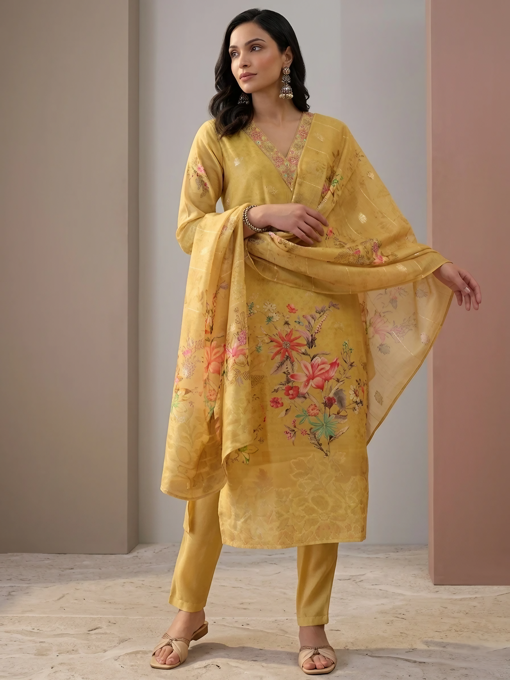 Women Chanderi Mustard Printed Stitched Kurta pant set