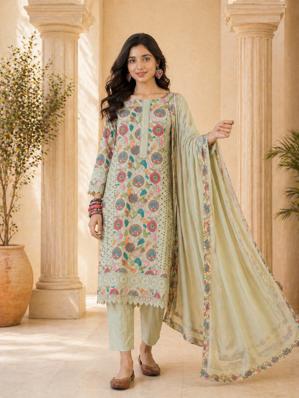 Women Green Pure cotton Embroidered Kurta set