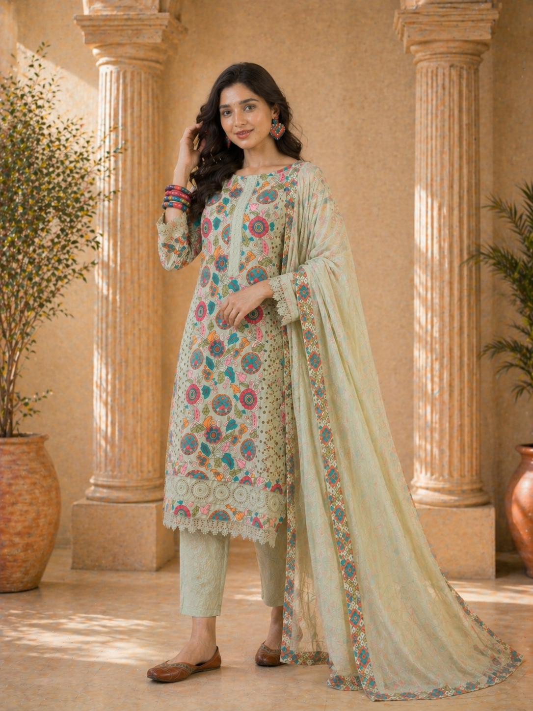 Women Green Pure cotton Embroidered Kurta set