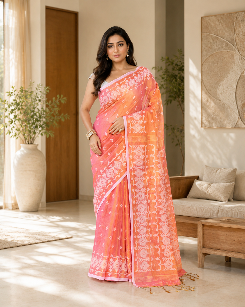 Women Tissue Deep Peach Woven  Saree