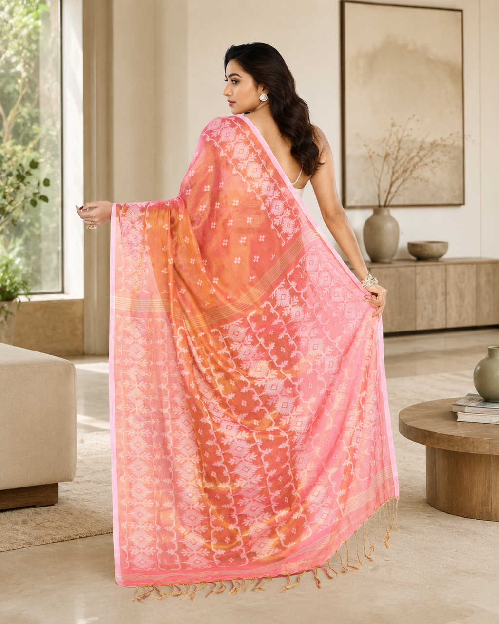 Women Tissue Deep Peach Woven  Saree