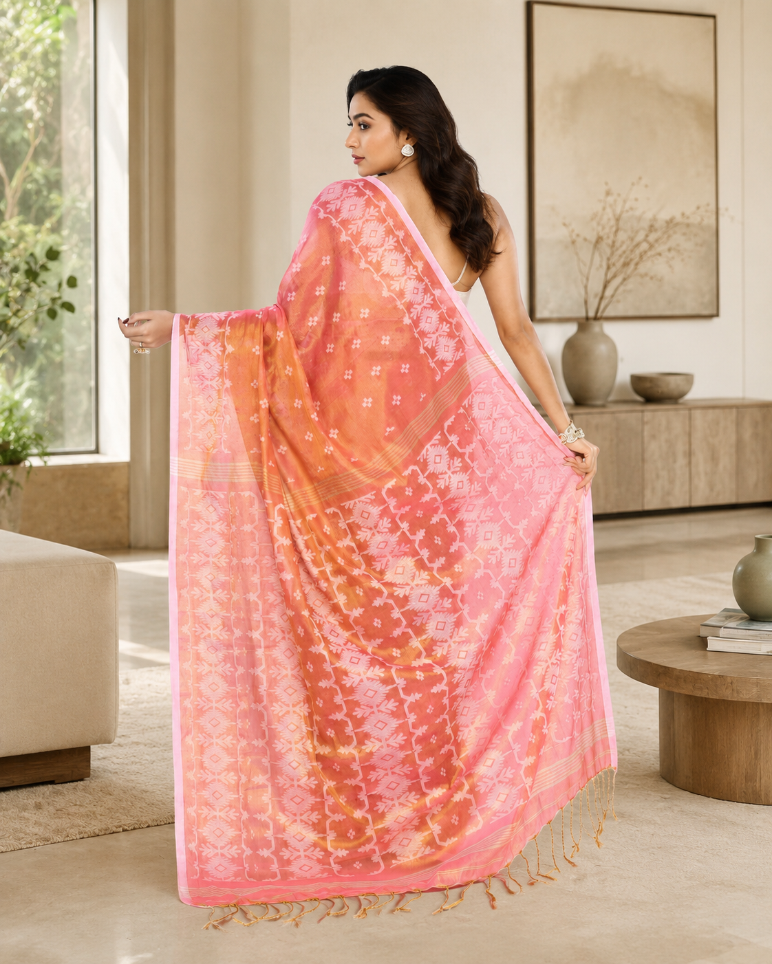 Women Tissue Deep Peach Woven  Saree