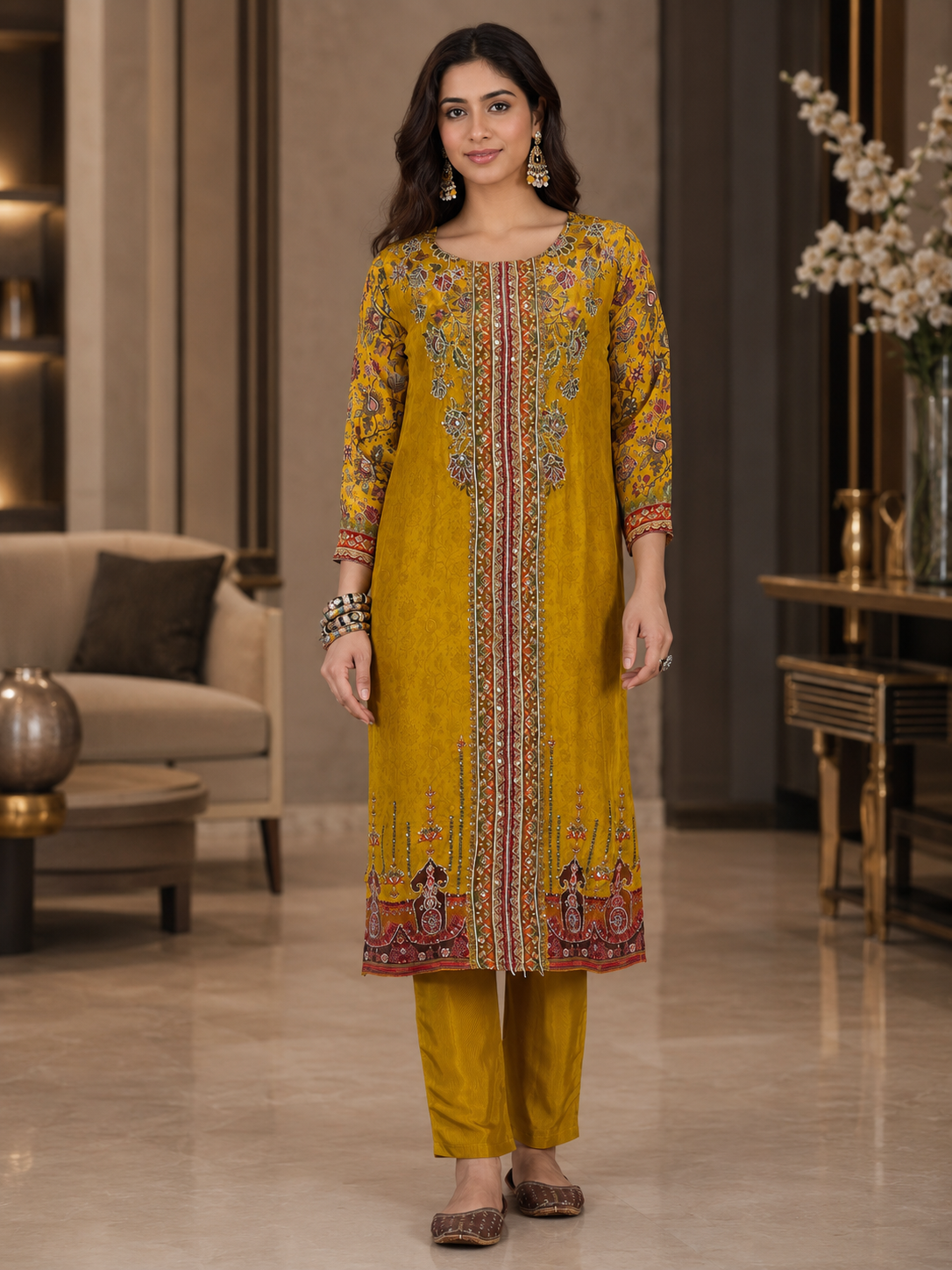 Women's Silk Mustard Kurta Set