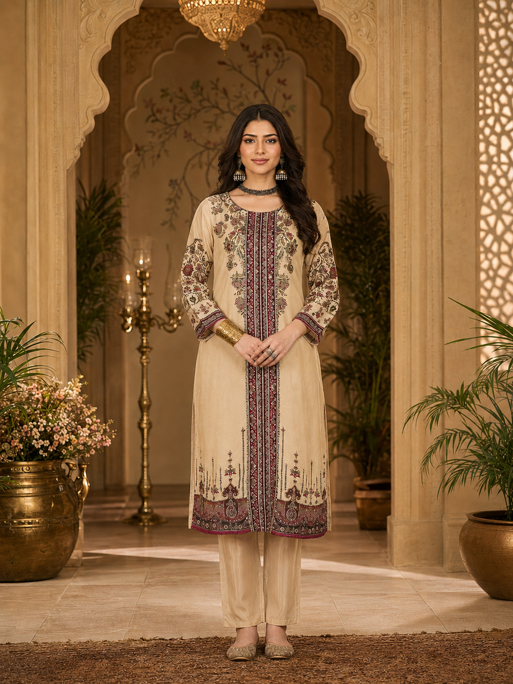 Women's Silk Beige Kurta Set