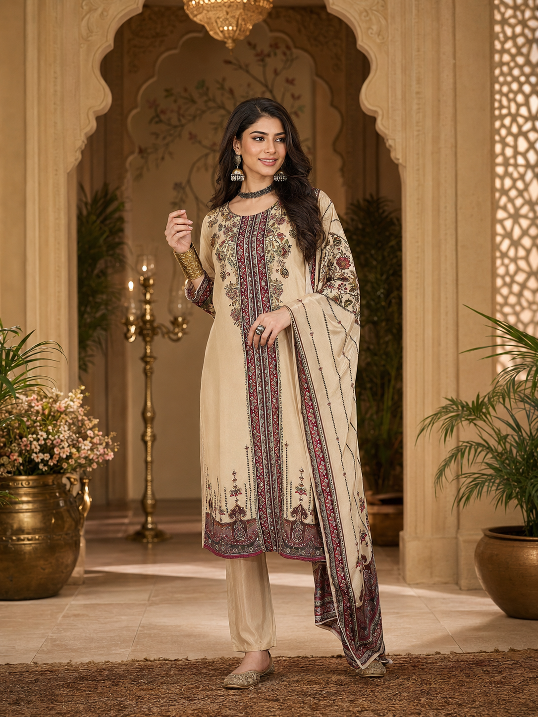 Women's Silk Beige Kurta Set