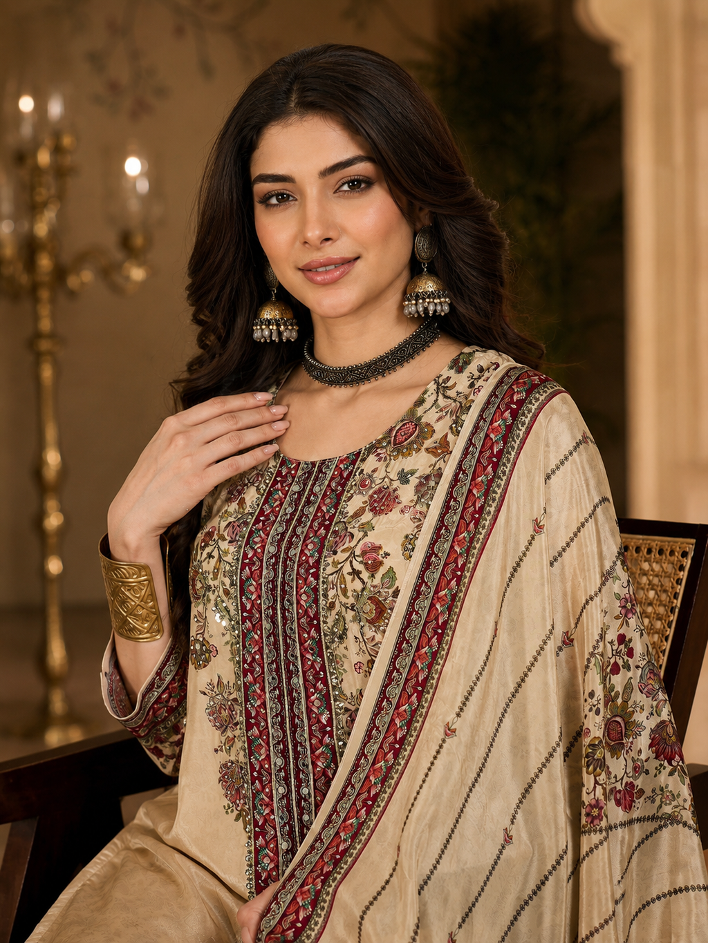 Women's Silk Beige Kurta Set
