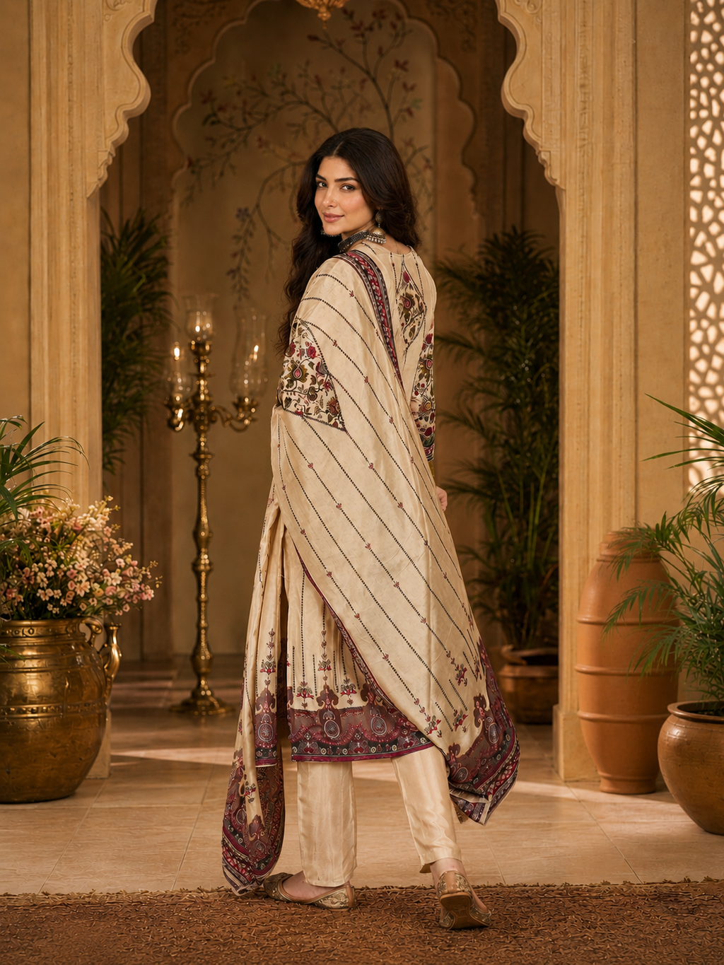 Women's Silk Beige Kurta Set