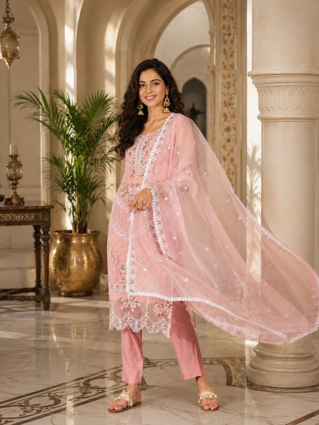 Women's Organza Pink Kurta Set