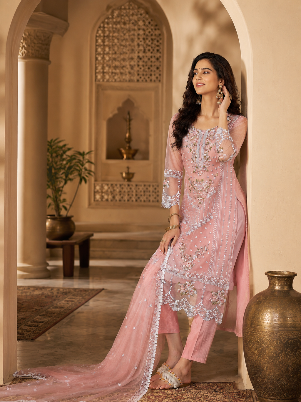 Women's Organza Pink Kurta Set