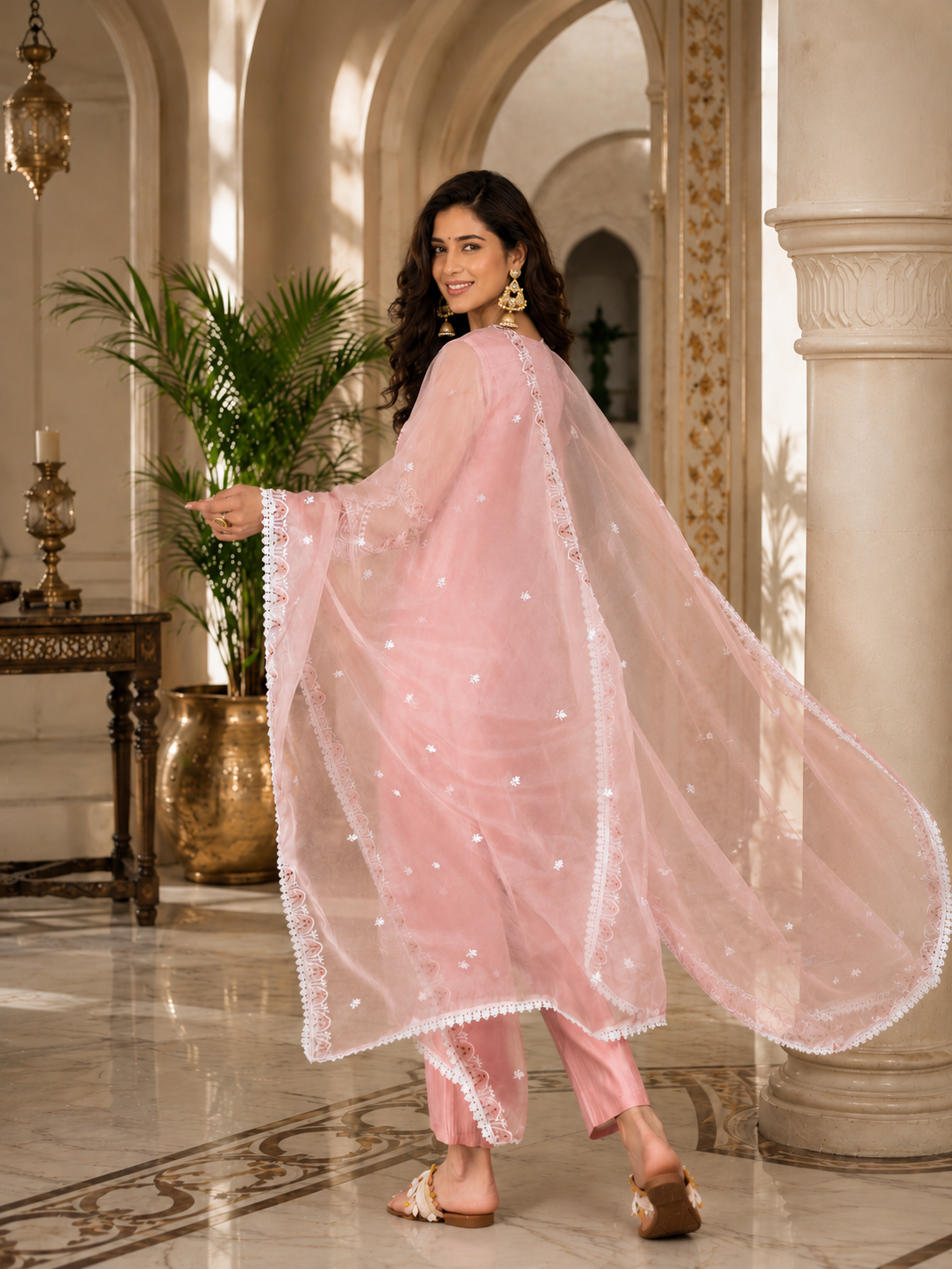 Women's Organza Pink Kurta Set