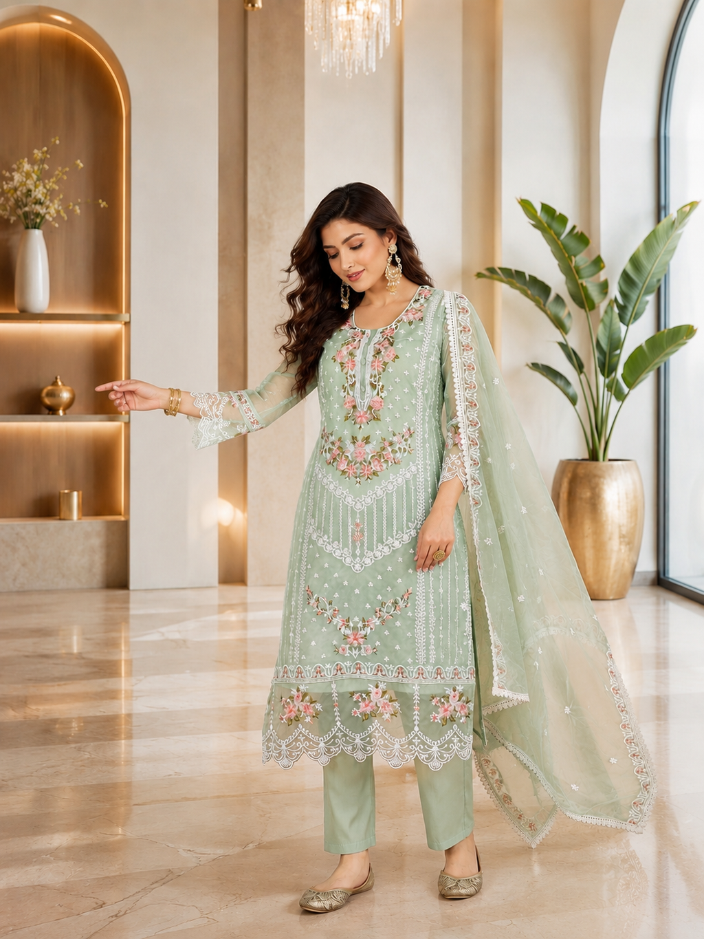 Women's Organza Sea Green Kurta Set
