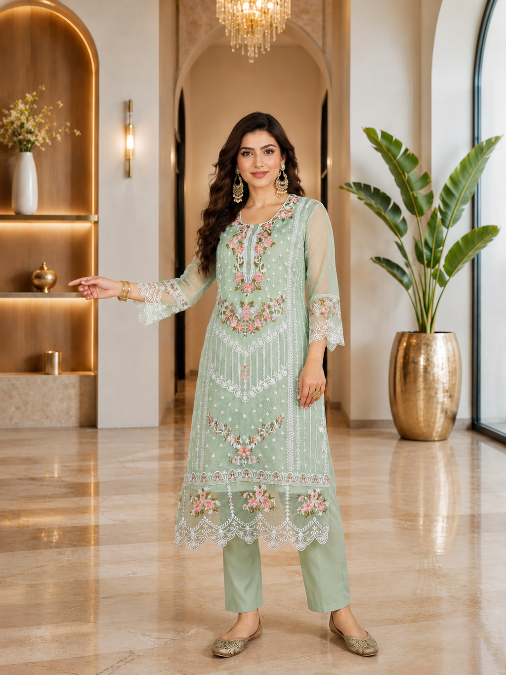 Women's Organza Sea Green Kurta Set