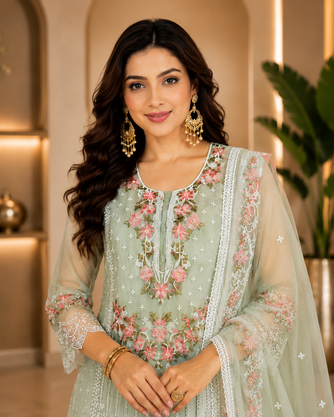 Women's Organza Sea Green Kurta Set