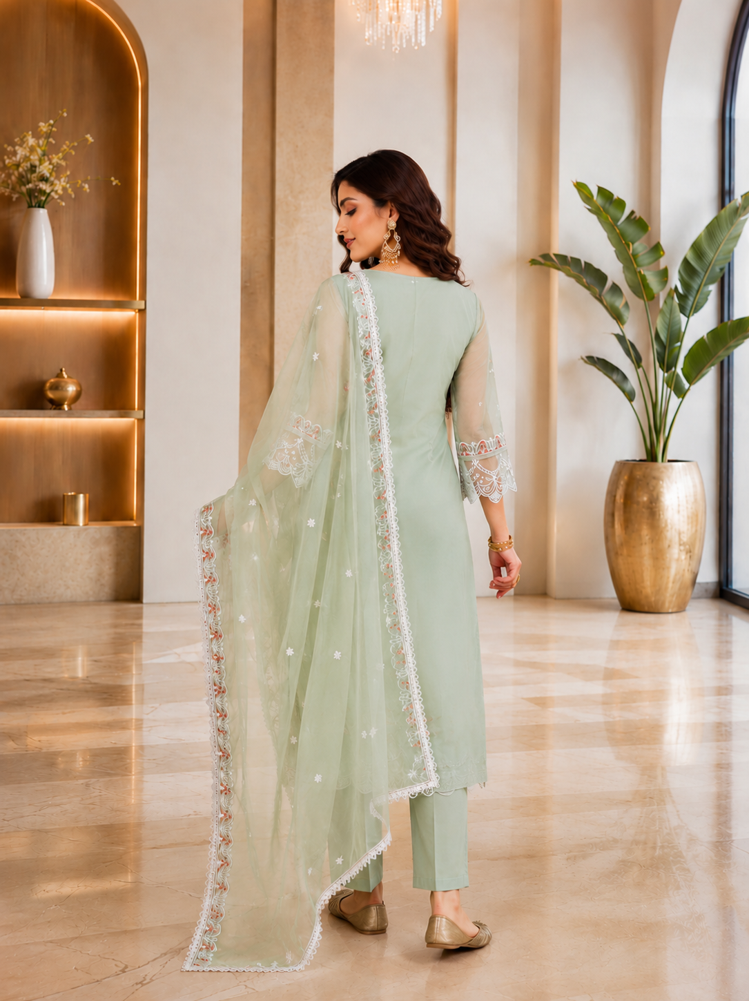 Women's Organza Sea Green Kurta Set