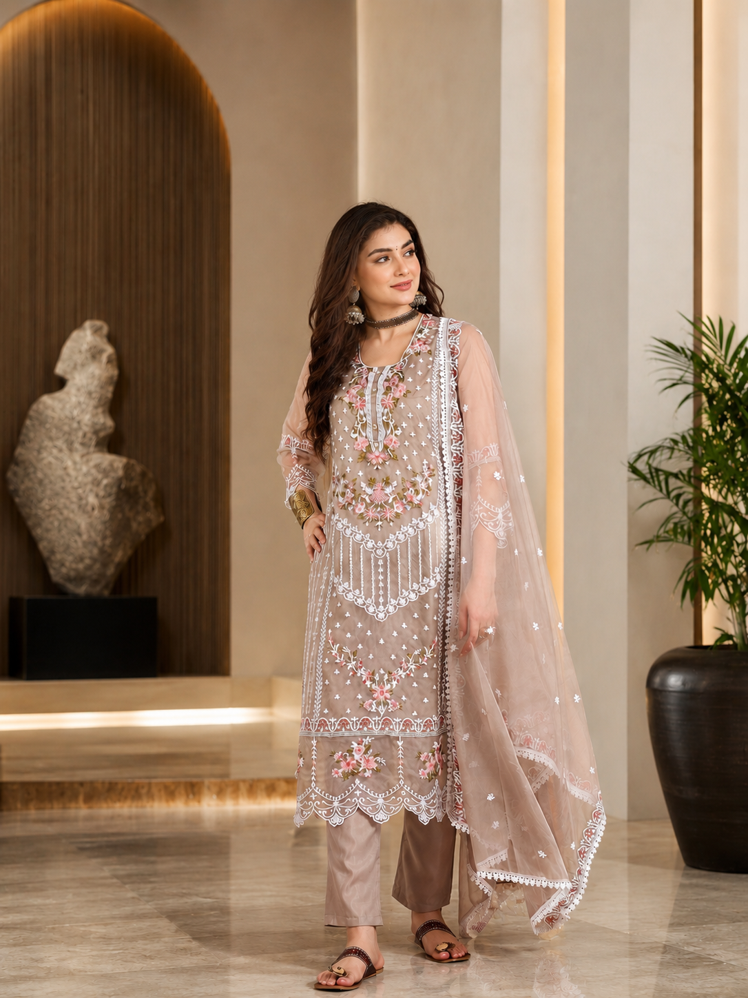 Women's Organza Brown Kurta Set