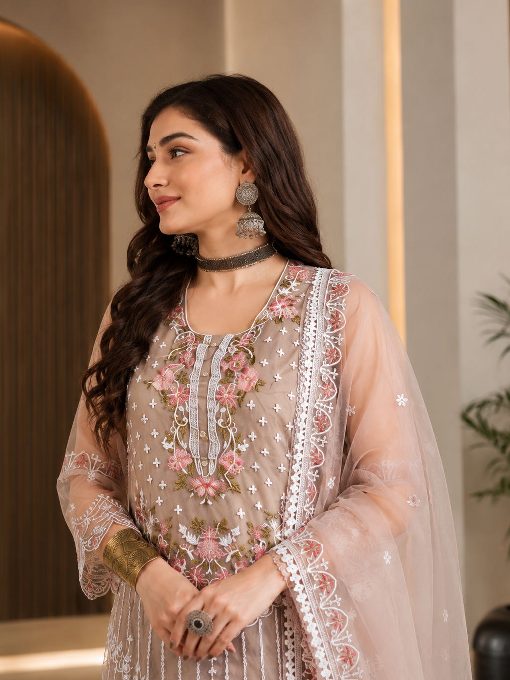 Women's Organza Brown Kurta Set