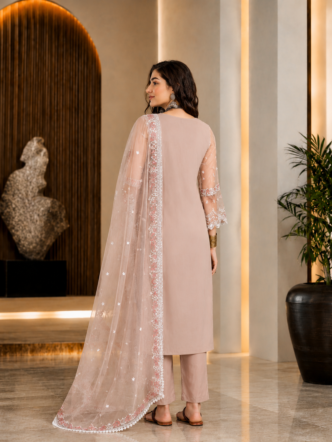 Women's Organza Brown Kurta Set