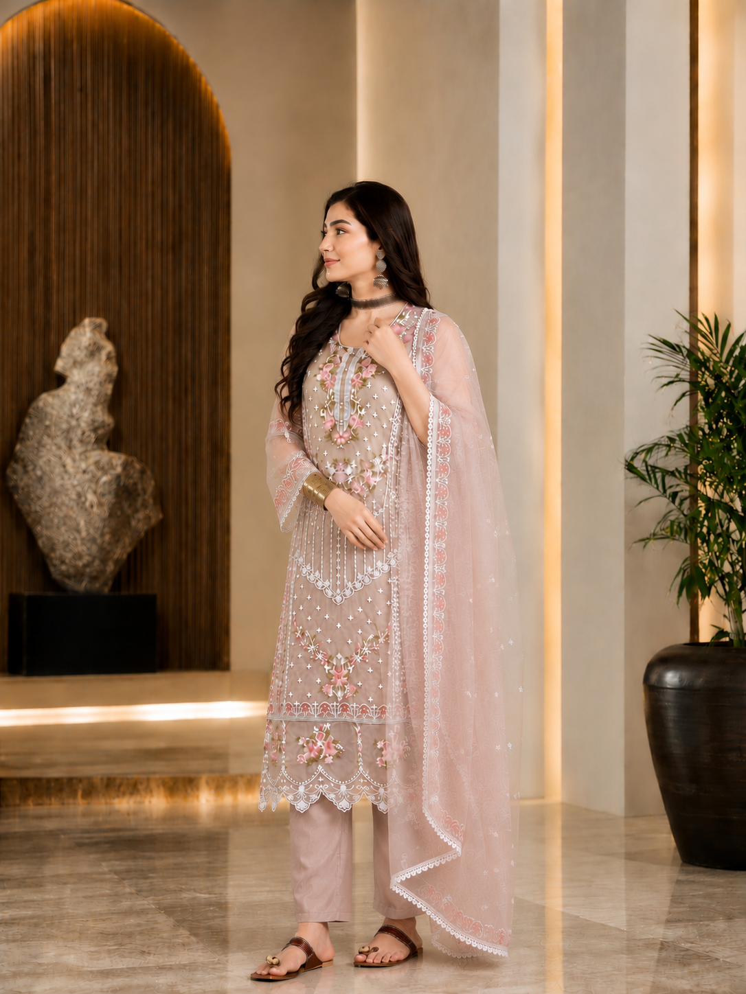 Women's Organza Brown Kurta Set