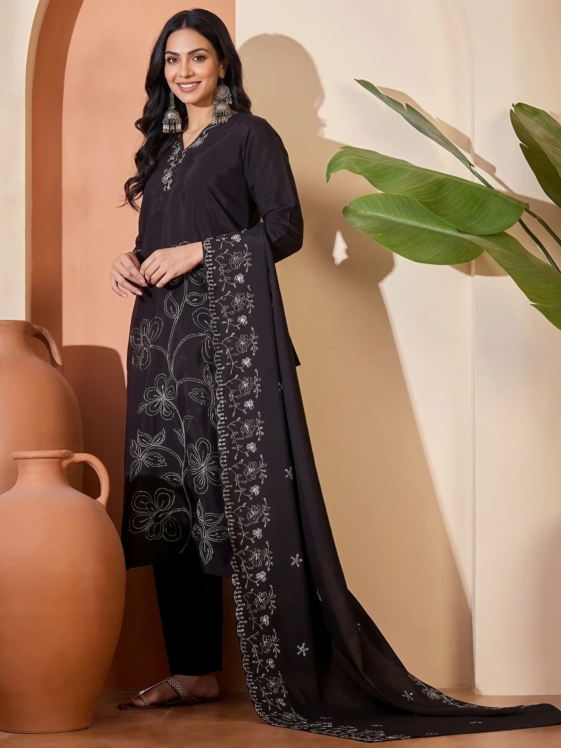 Women Art  Silk Black Stitched Embroidery  Kurta set with dupatta